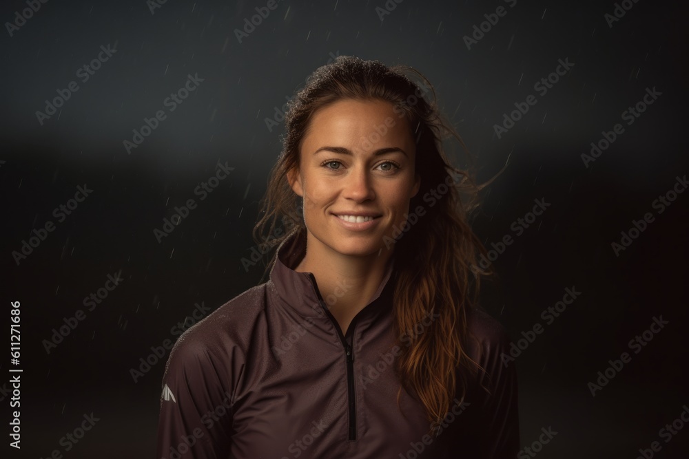 Medium shot portrait photography of a joyful girl in her 30s wearing a sporty polo shirt against a dramatic thunderstorm background. With generative AI technology Medium shot portrait photography of a joyful girl in her 30s wearing a sporty polo shirt against a dramatic thunderstorm background. With generative AI technology