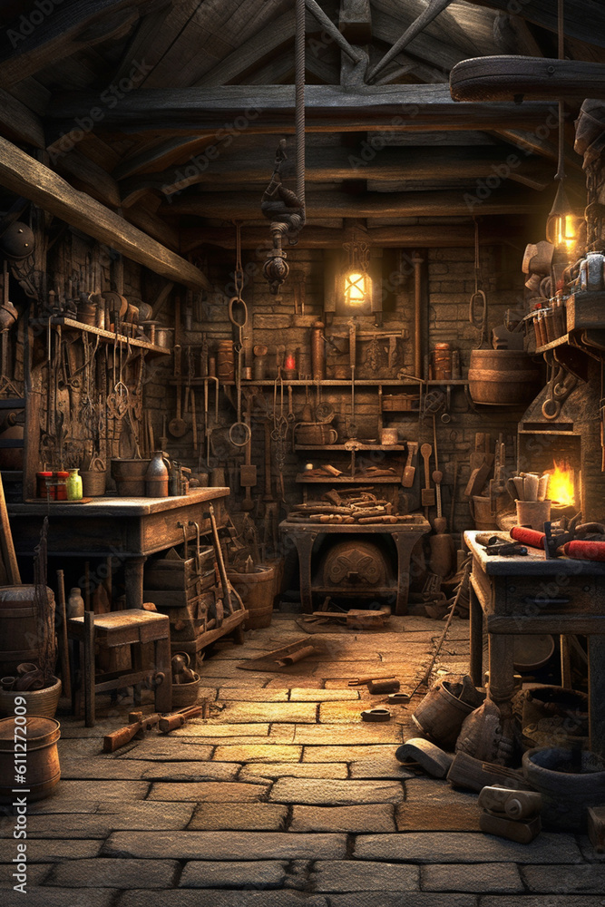 An image of a traditional blacksmith workshop with various tools and ...