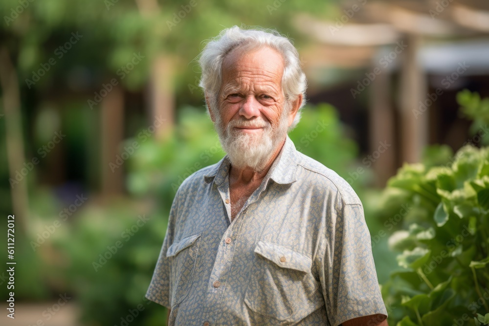 Lifestyle portrait photography of a satisfied old man wearing a casual short-sleeve shirt against a botanical garden background. With generative AI technology