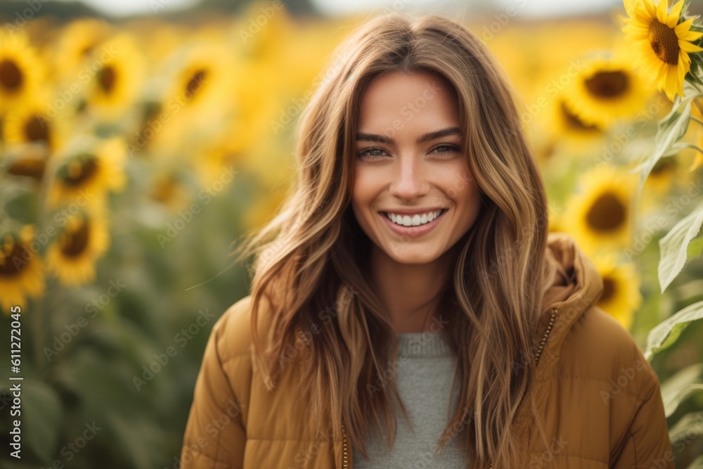 Close-up portrait photography of a satisfied girl in her 30s wearing a cozy winter coat against a sunflower field background. With generative AI technology Close-up portrait photography of a satisfied girl in her 30s wearing a cozy winter coat against a sunflower field background. With generative AI technology