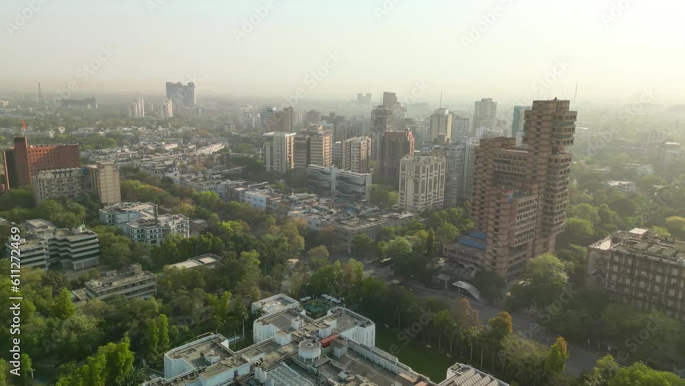 Delhi: Aerial view of center of capital city of India, lot of greenery - landscape panorama of South Asia from above