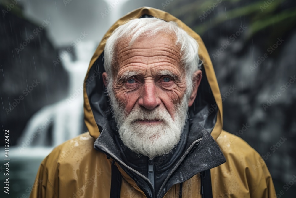 Close-up portrait photography of a glad old man wearing a comfortable hoodie against a majestic waterfall background. With generative AI technology