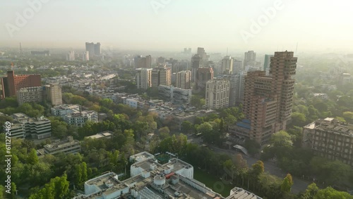 Delhi: Aerial view of center of capital city of India, lot of greenery - landscape panorama of South Asia from above