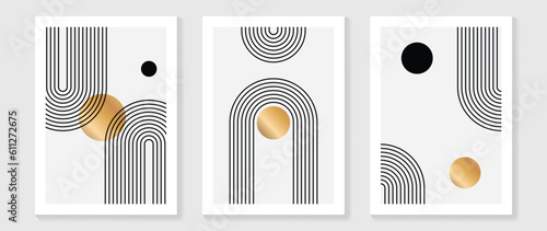 Abstract wall art background vector. Modern stripes art wallpaper with lines geometric shapes, gold, foil texture, circles. Luxury posters illustration good for home deco, interior, invite and cover.