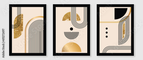 Abstract wall art background vector. Modern stripes art wallpaper with lines geometric shapes, gold, foil texture, circles. Luxury posters illustration good for home deco, interior, invite and cover.