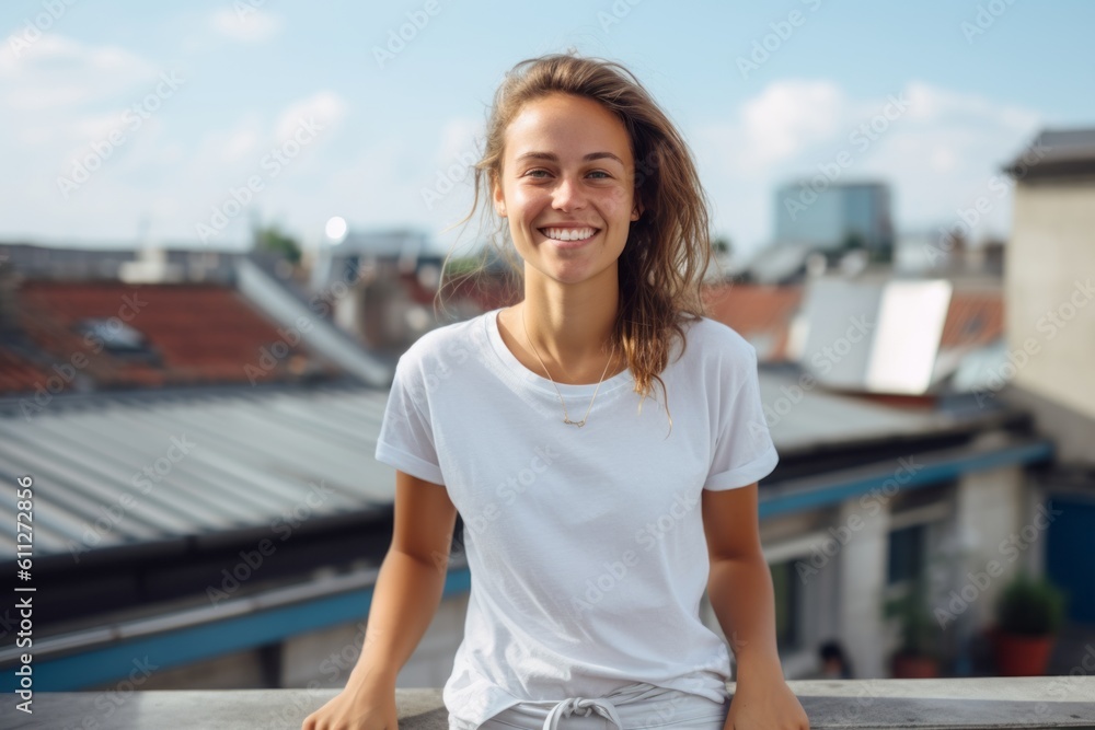 Environmental portrait photography of a happy girl in her 30s wearing a casual t-shirt against a rooftop terrace background. With generative AI technology Environmental portrait photography of a happy girl in her 30s wearing a casual t-shirt against a rooftop terrace background. With generative AI technology