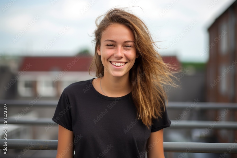 Environmental portrait photography of a happy girl in her 30s wearing a casual t-shirt against a rooftop terrace background. With generative AI technology