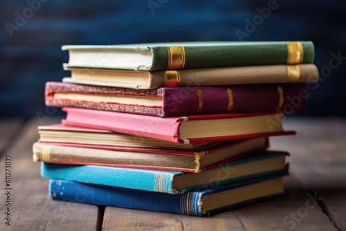 Colored books background in the light of morning.Yellow,red, green, brown book stack. AI Generative