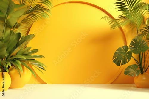 minimal yellow color studio background with tropical plants for product photography  empty room  3D Rendering  generative AI