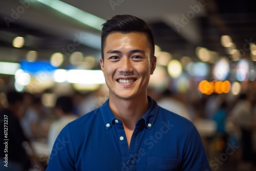 Close-up portrait photography of a grinning boy in his 30s wearing a sporty polo shirt against a bustling food court background. With generative AI technology
