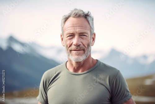Medium shot portrait photography of a tender mature man wearing a casual t-shirt against a serene snow-capped mountain background. With generative AI technology