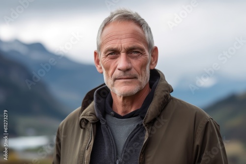 Medium shot portrait photography of a tender mature man wearing a casual t-shirt against a serene snow-capped mountain background. With generative AI technology