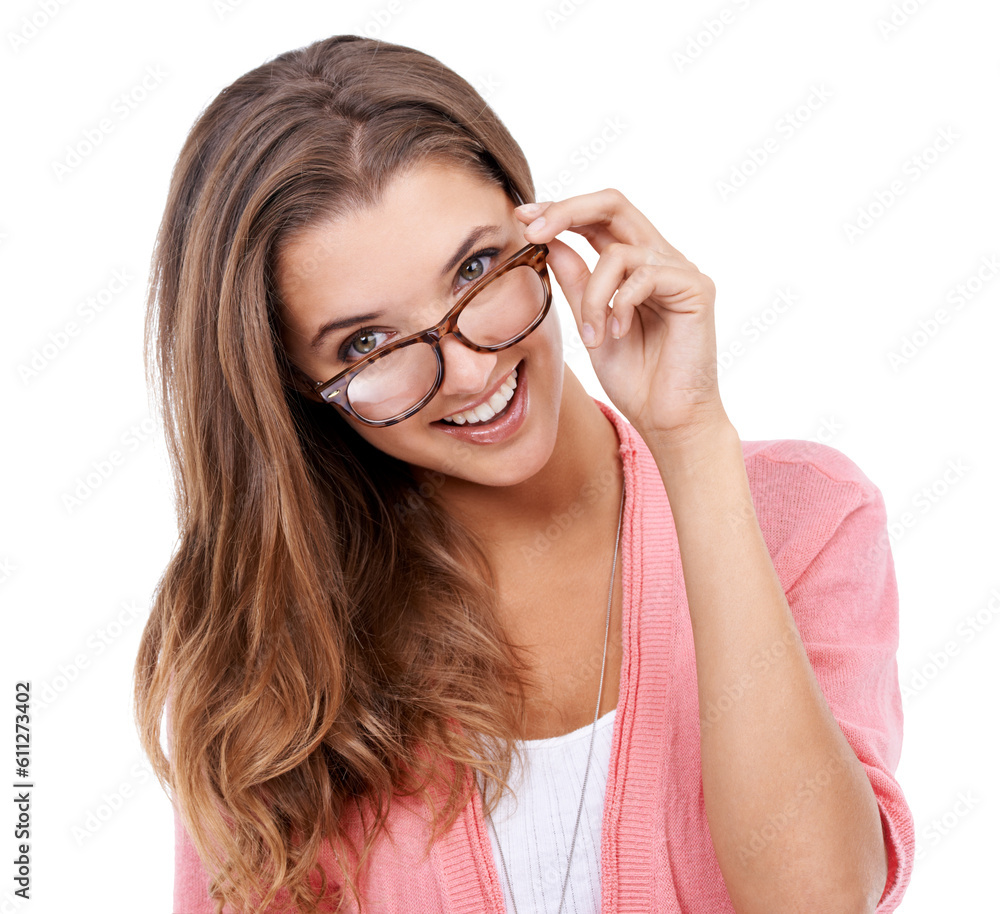Portrait, glasses and eyesight with a woman isolated on a transparent background for optometry. Face, vision and eyewear with an attractive young female customer at the optometrist or optician on PNG