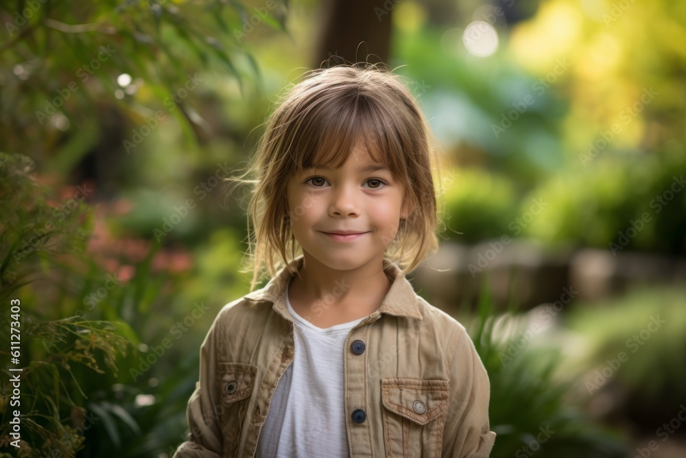 Close-up portrait photography of a satisfied kid female wearing comfortable jeans against a serene zen garden background. With generative AI technology Close-up portrait photography of a satisfied kid female wearing comfortable jeans against a serene zen garden background. With generative AI technology