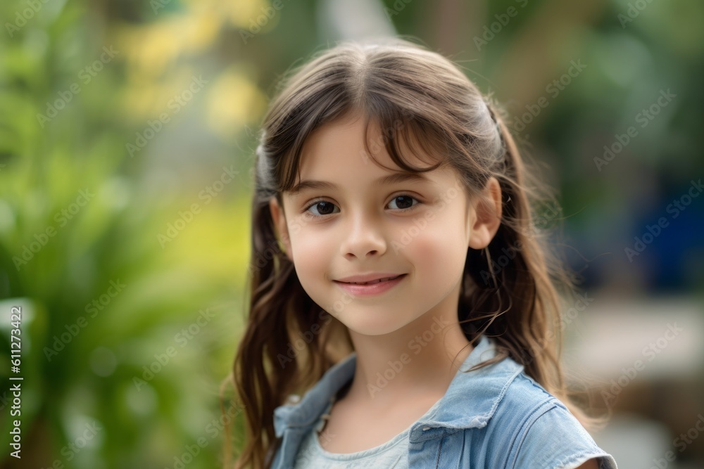 Close-up portrait photography of a satisfied kid female wearing comfortable jeans against a serene zen garden background. With generative AI technology Close-up portrait photography of a satisfied kid female wearing comfortable jeans against a serene zen garden background. With generative AI technology