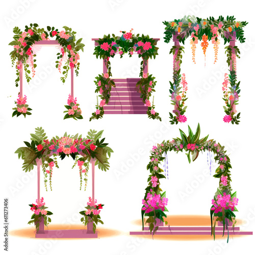 set of vector wedding altars for the marriage ceremony decorated with flowers 