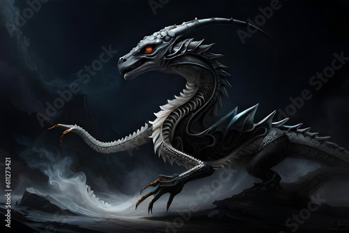 Fantasy evil dragon portrait. Surreal artwork of danger dragon from medieval mythology © Luci