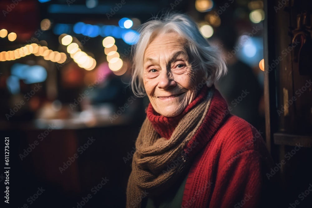 Medium shot portrait photography of a satisfied old woman wearing a cozy sweater against a lively night club background. With generative AI technology