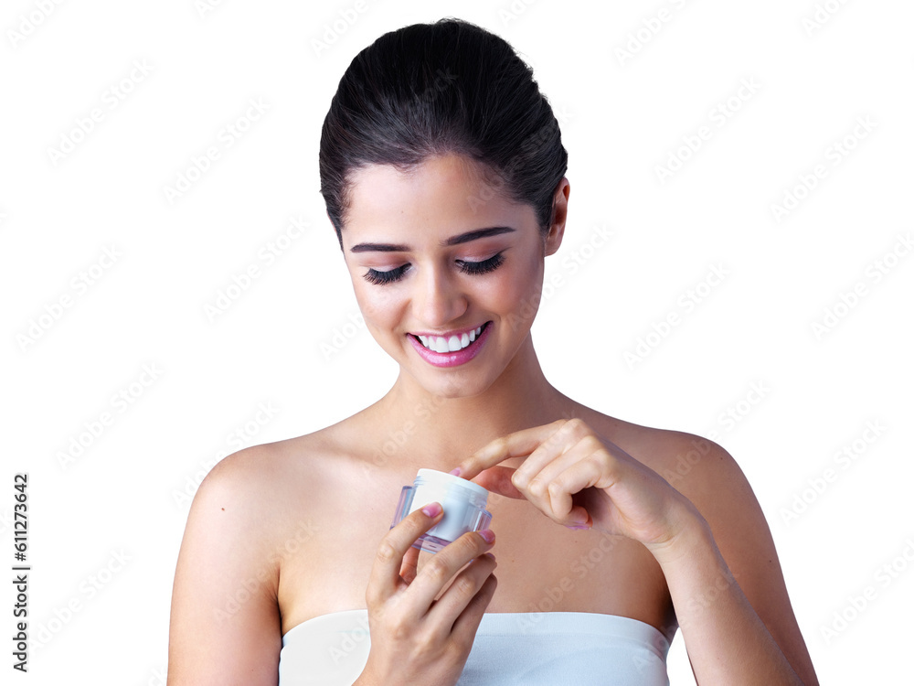 Beauty, moisturizer and happy woman with a smile and skincare isolated on a transparent, png background. Dermatology, lotion and spa product with a young female model with skin glow and sunscreen Beauty, moisturizer and happy woman with a smile and skincare isolated on a transparent, png background. Dermatology, lotion and spa product with a young female model with skin glow and sunscreen