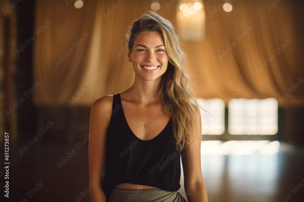 Medium shot portrait photography of a happy girl in her 30s wearing an elegant long skirt against a peaceful yoga studio background. With generative AI technology
