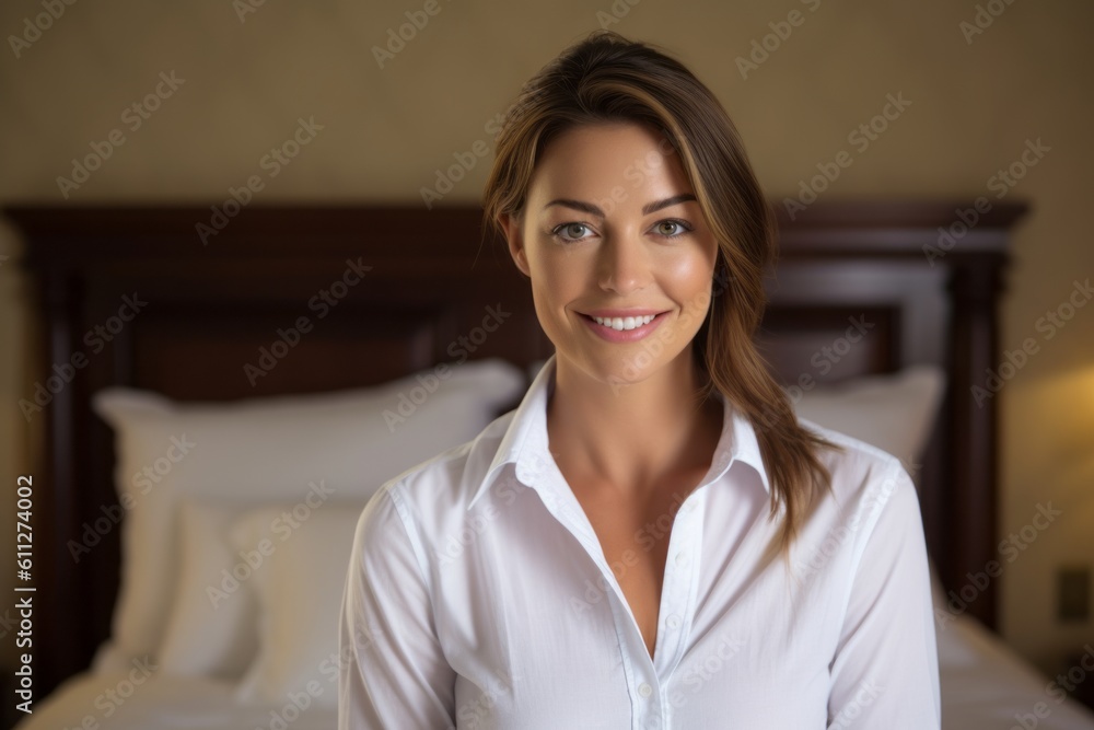 Headshot portrait photography of a glad girl in her 30s wearing an elegant long-sleeve shirt against a charming bed and breakfast background. With generative AI technology Headshot portrait photography of a glad girl in her 30s wearing an elegant long-sleeve shirt against a charming bed and breakfast background. With generative AI technology