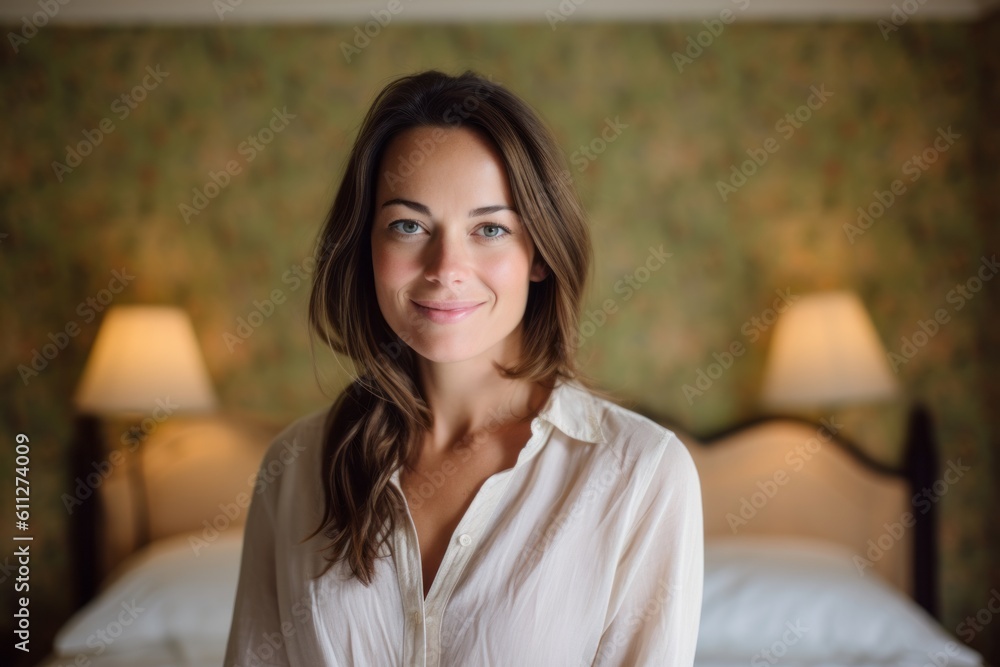 Headshot portrait photography of a glad girl in her 30s wearing an elegant long-sleeve shirt against a charming bed and breakfast background. With generative AI technology Headshot portrait photography of a glad girl in her 30s wearing an elegant long-sleeve shirt against a charming bed and breakfast background. With generative AI technology