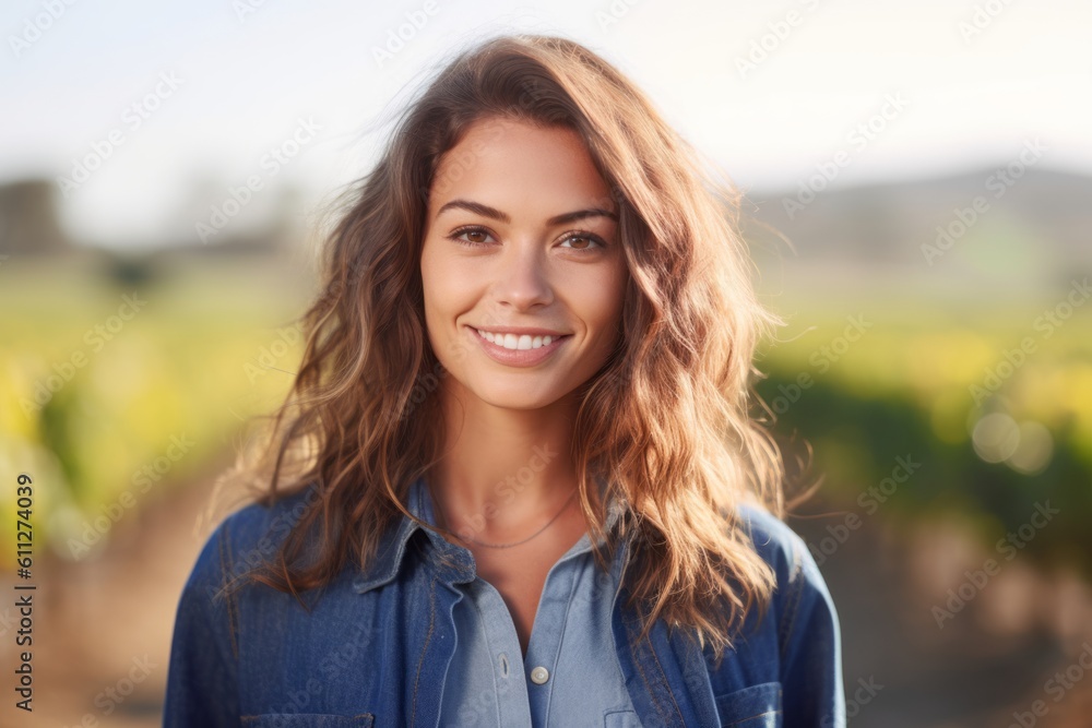 Close-up portrait photography of a satisfied girl in her 30s wearing a denim jacket against a picturesque vineyard background. With generative AI technology Close-up portrait photography of a satisfied girl in her 30s wearing a denim jacket against a picturesque vineyard background. With generative AI technology
