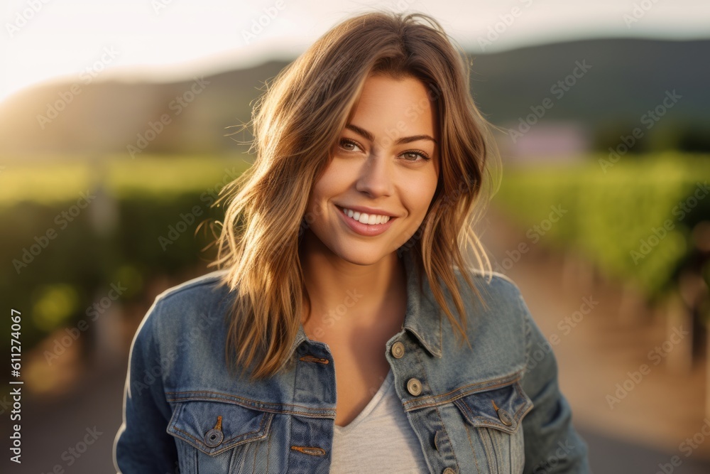 Close-up portrait photography of a satisfied girl in her 30s wearing a denim jacket against a picturesque vineyard background. With generative AI technology