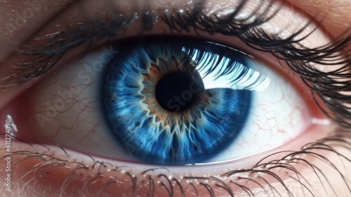 Closeup the realistic beauty of the human blue eye. Generative AI