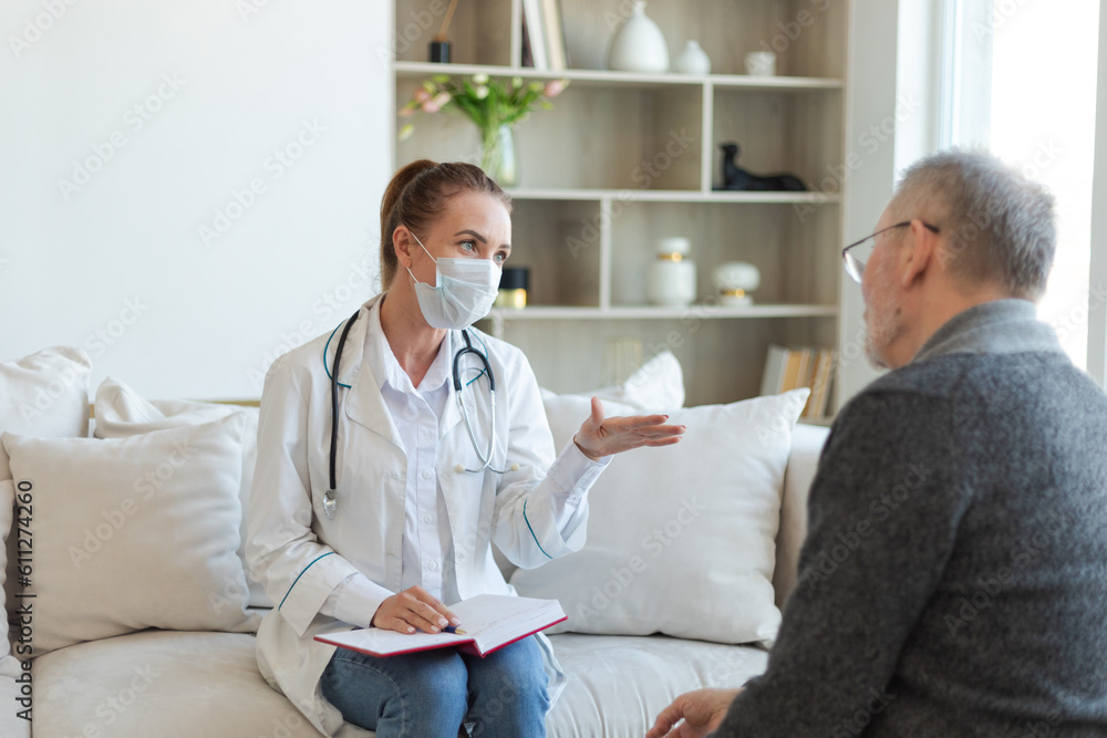 Female doctor examining older senior man in doctor office or at home. Old man patient and doctor have consultation in hospital room. Medicine healthcare medical checkup. Visit to doctor Female doctor examining older senior man in doctor office or at home. Old man patient and doctor have consultation in hospital room. Medicine healthcare medical checkup. Visit to doctor