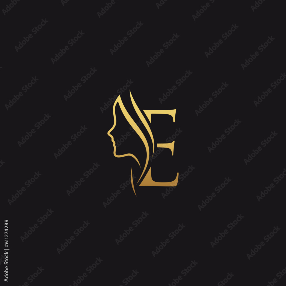 gold colored initial e combined with female face indicating beauty use for salon, hair, business, logo, design, vector, company, branding, and more