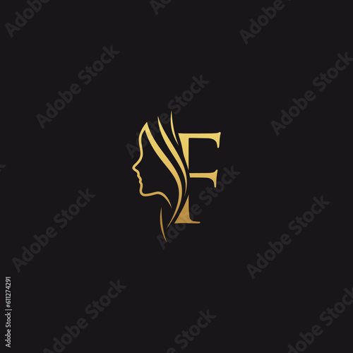 gold colored initial f combined with female face indicating beauty use for salon, hair, business, logo, design, vector, company, branding, and more