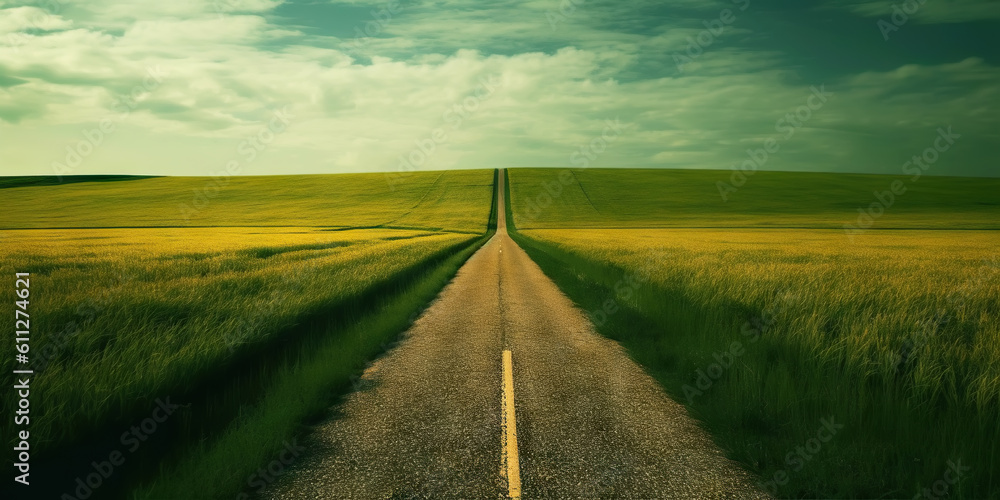Fototapeta premium Beautiful grassland road. Minimalistic highway in countryside. Generative AI