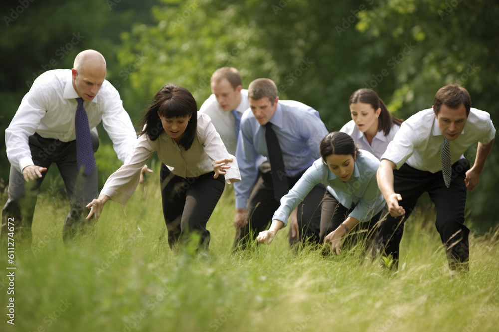 A group of business professionals participating in a team-building exercise or activity in a beautiful and natural outdoor setting Generative AI A group of business professionals participating in a team-building exercise or activity in a beautiful and natural outdoor setting Generative AI