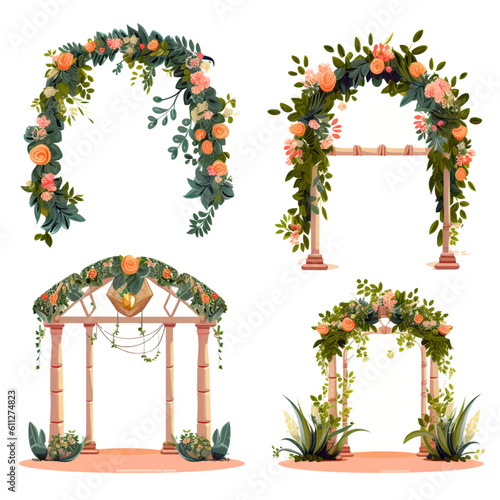 set of vector wedding altars for the marriage ceremony decorated with flowers 