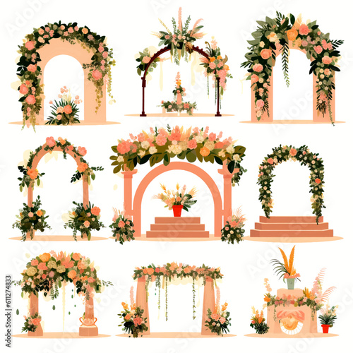 set of vector wedding altars for the marriage ceremony decorated with flowers 
