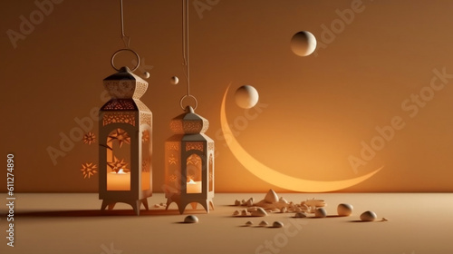 arabia sahara lantern and moon setup for greeting ramadan or eid mubarak cards-- AI generator