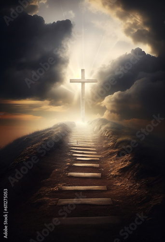 The roadway to the Kingdom of Heaven which leads to salvation and paradise with God with a cross showing the way, computer Generative AI stock illustration image