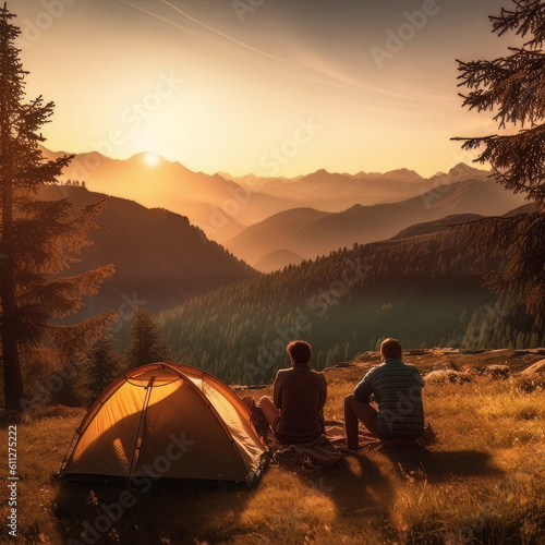 Mountain Retreat  Friends Embrace the Sunset at Camping Site