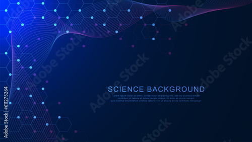Abstract hexagonal shapes with particle background. Molecule structure, genetic and chemical compound system. Science and technology concept design.