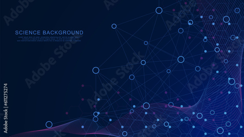 Abstract circle and lines connection with hexagon shapes and wave flow. Medical DNA research, genetic, genome and molecule. Science and technology concept background.