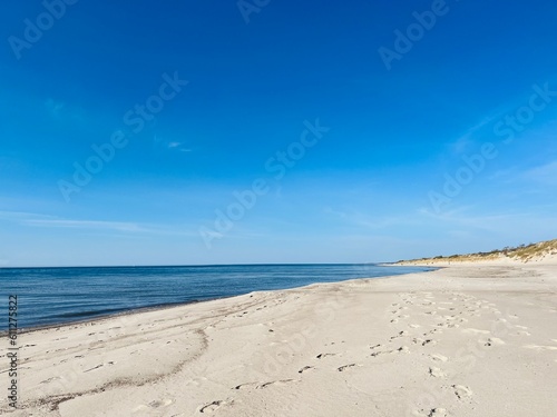 Blue sea horizon and white sandy coastline  wild empty sandy beach  blue sea horizon