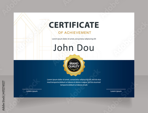 Architecture project achievement certificate design template. Vector diploma with customized copyspace and borders. Printable document for awards and recognition. Calibri, Myriad Pro fonts used