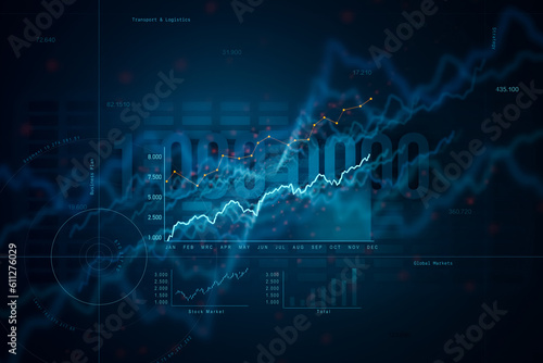 Chart, graph moving up. Positive chart in blue, rising line. Business, financial figures, revenue, data, analyzing, growth, strategy, investment. Abstract financial concept.