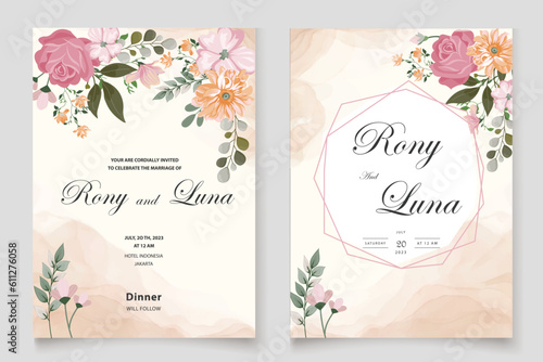 wedding invitation card with floral frame. pink floral and white background, abstract background, design can be used for social media
