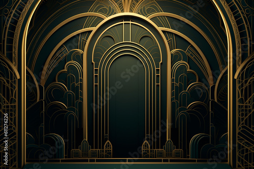 Golden arch, symmetrical ornament with golden elements on green. Architectural ornament in art deco style.