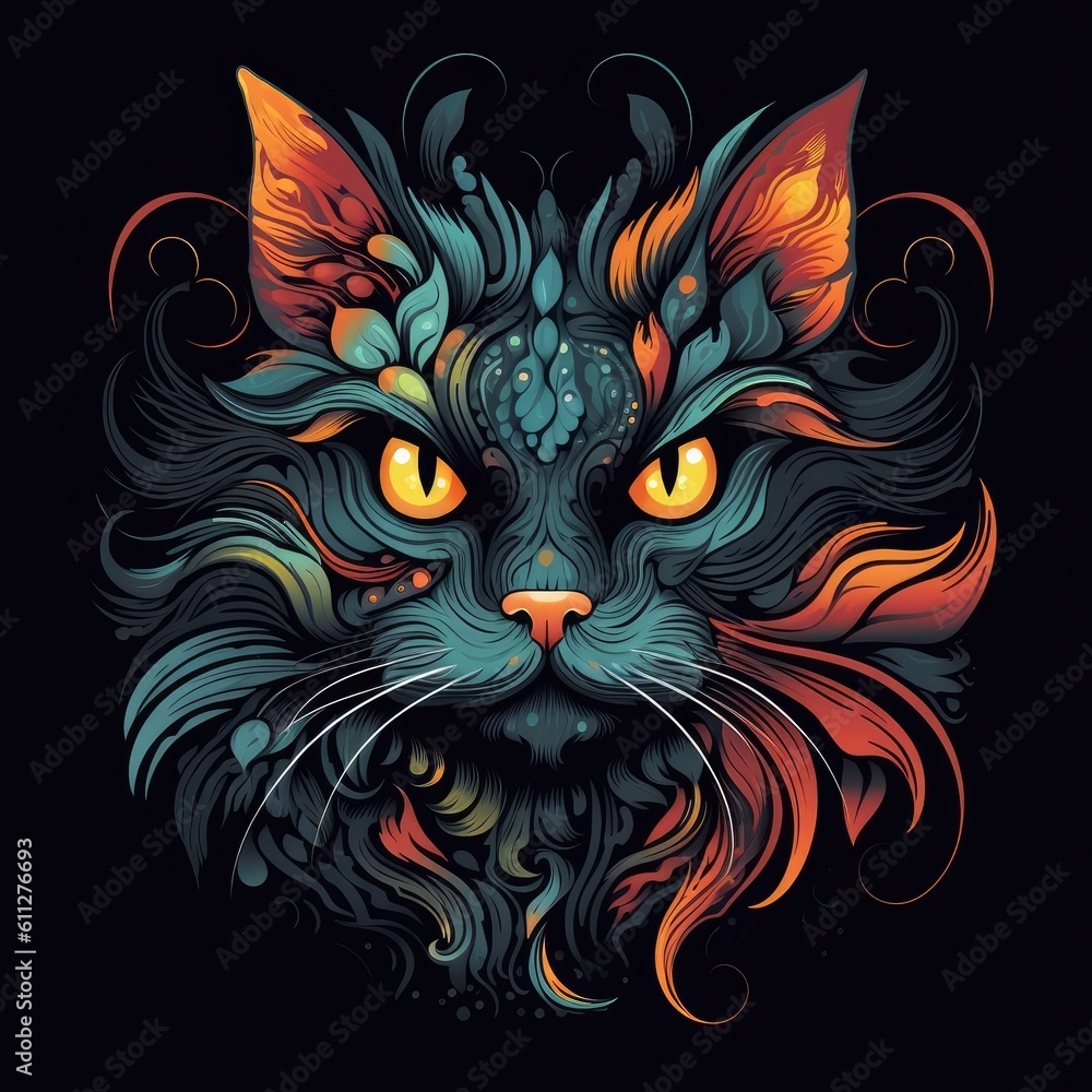 Vector art cat on black background - created using generative Ai tools