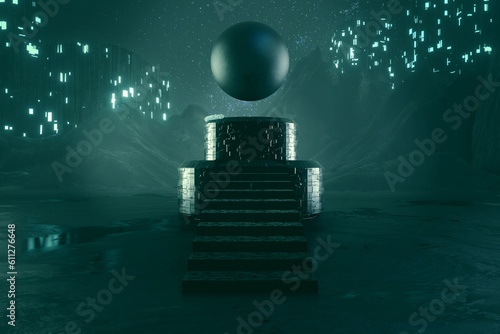 3d Render, Scifi Landscape Futuristic night post apocalyptic scenario with abstract alien landscape and moonlight glow in neon light.