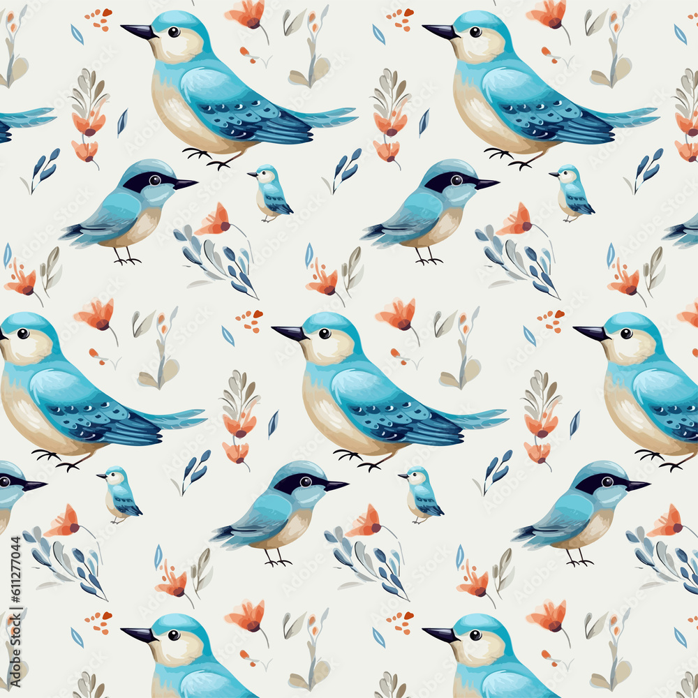 Seamless pattern with blue birds kookaburra and flowers berry watercolor print for textile clip art isolated on white background. Seamless pattern with blue birds kookaburra and flowers berry watercolor print for textile clip art isolated on white background.