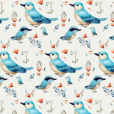 Seamless pattern with blue birds kookaburra and flowers berry watercolor print for textile clip art isolated on white background.